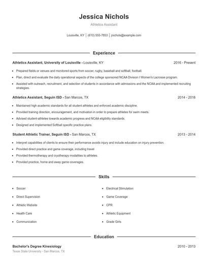 Athletics Assistant Resume