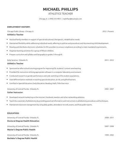 Athletics Teacher Resume