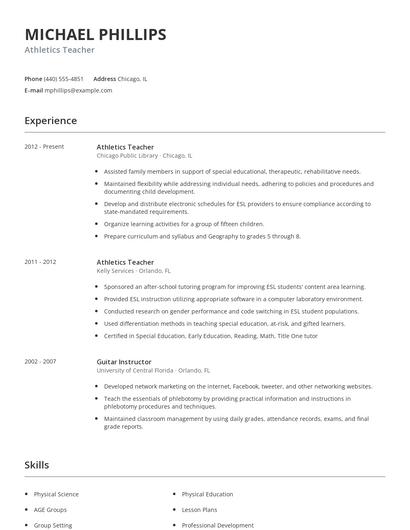 Athletics Teacher Resume