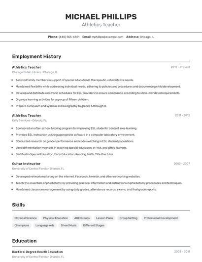 Athletics Teacher Resume