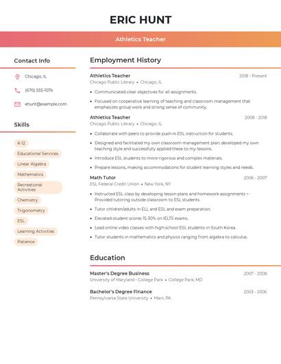 Athletics Teacher Resume