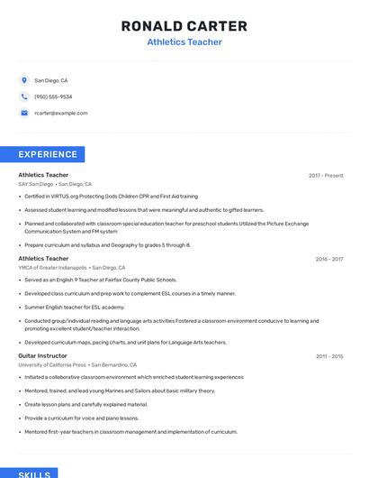 Athletics Teacher Resume