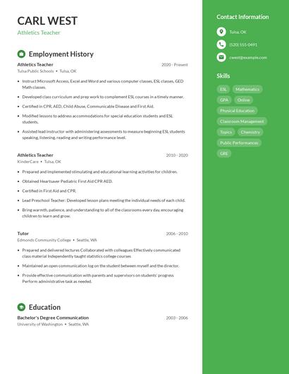 Athletics Teacher Resume