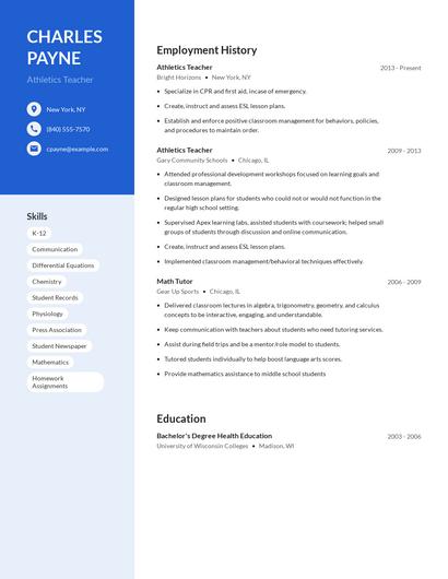 Athletics Teacher Resume