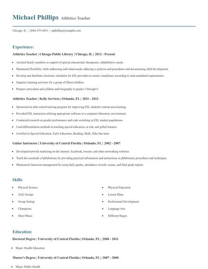 Athletics Teacher Resume