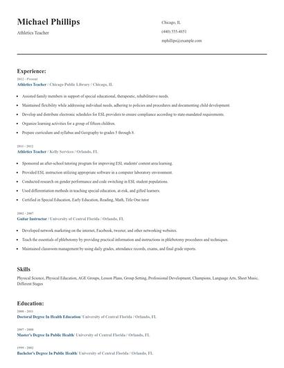 Athletics Teacher Resume