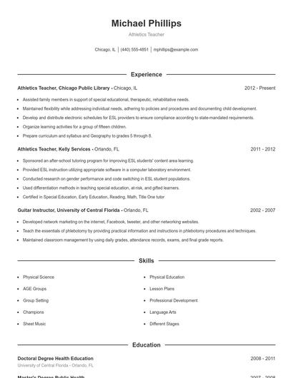 Athletics Teacher Resume