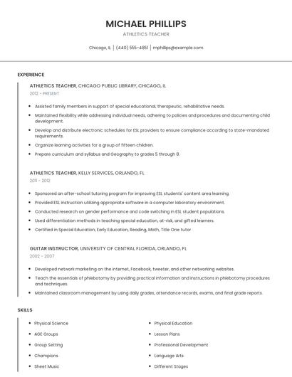Athletics Teacher Resume