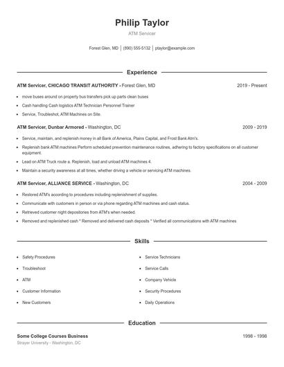 ATM Servicer Resume