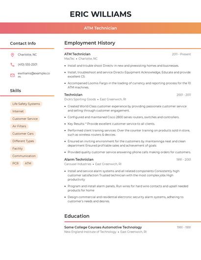 ATM Technician Resume