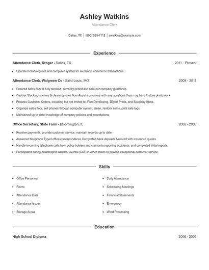 Attendance Clerk Resume