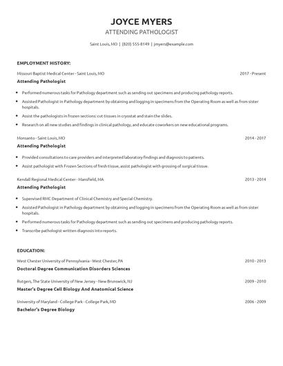 Attending Pathologist Resume