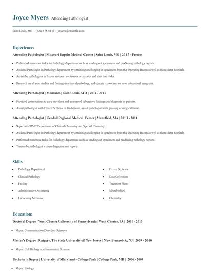 Attending Pathologist Resume