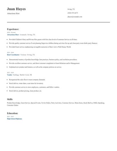 Attractions Host Resume