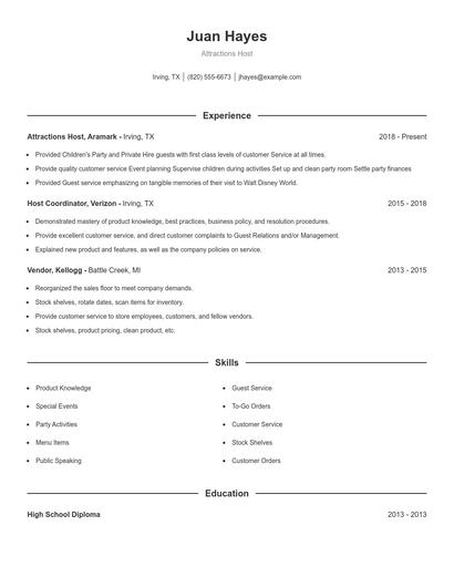 Attractions Host Resume