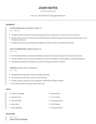 Attractions Host Resume