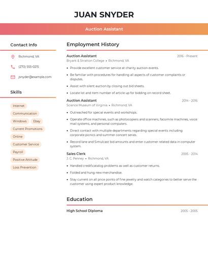 Auction Assistant Resume