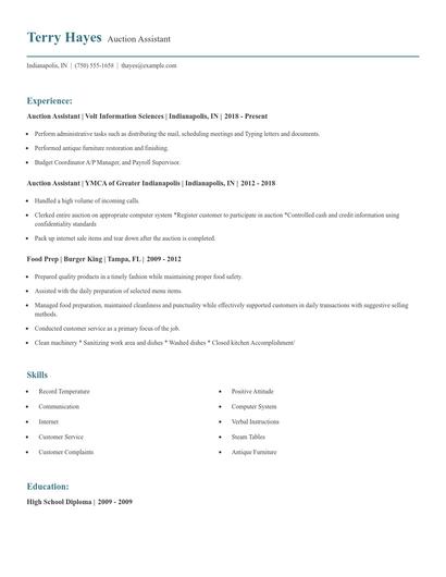 Auction Assistant Resume