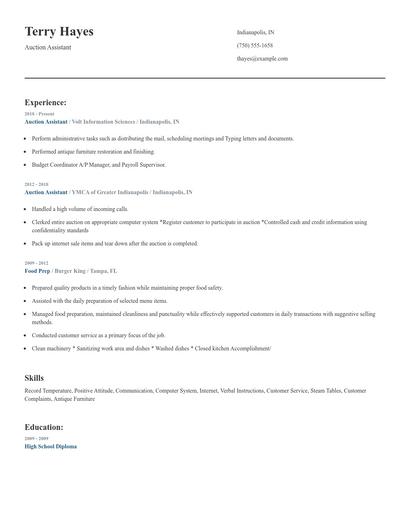 Auction Assistant Resume
