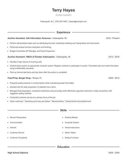 Auction Assistant Resume