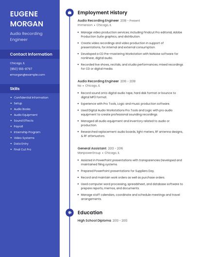 Audio Recording Engineer Resume