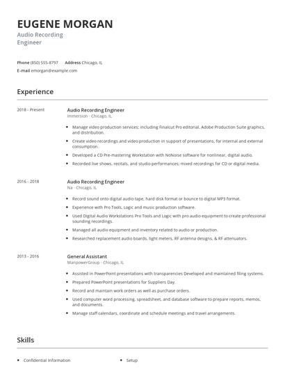 Audio Recording Engineer Resume