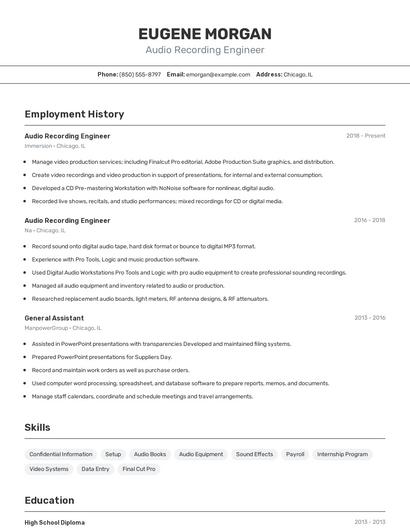 Audio Recording Engineer Resume