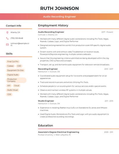 Audio Recording Engineer Resume