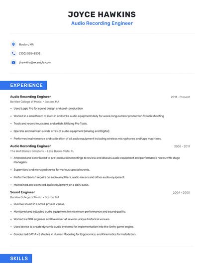 Audio Recording Engineer Resume