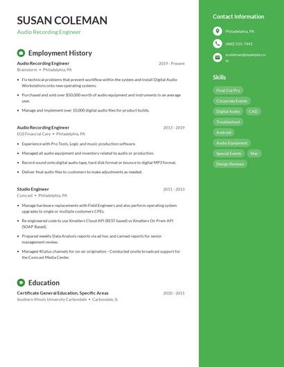 Audio Recording Engineer Resume