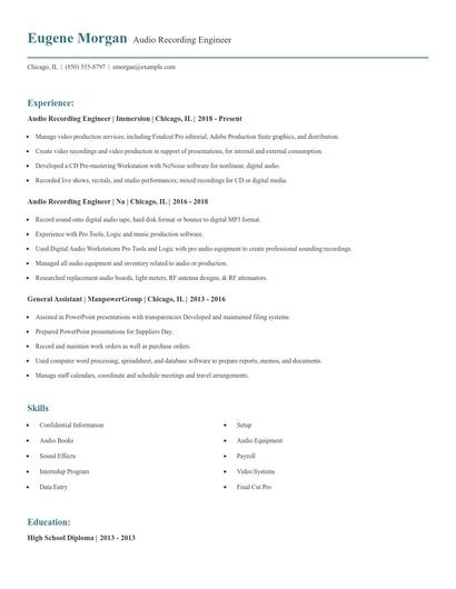 Audio Recording Engineer Resume