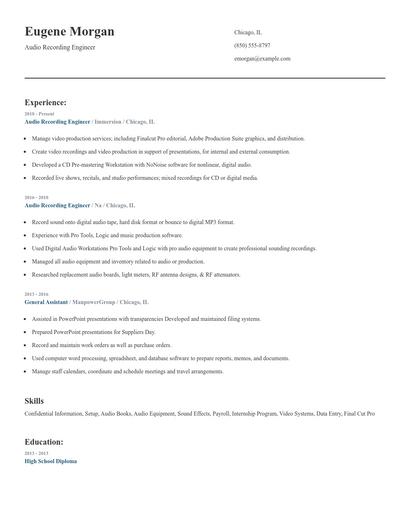 Audio Recording Engineer Resume