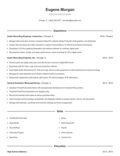 Audio Recording Engineer Resume
