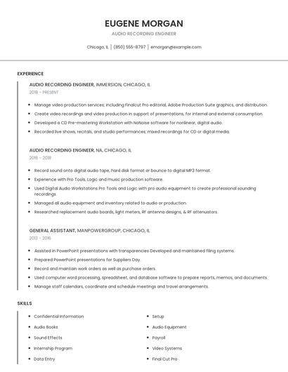 Audio Recording Engineer Resume