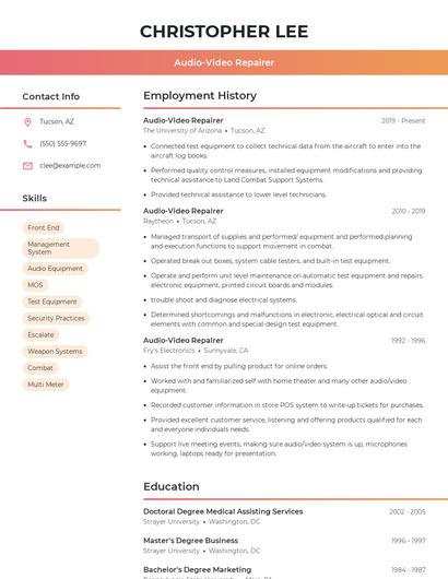 Audio-Video Repairer Resume
