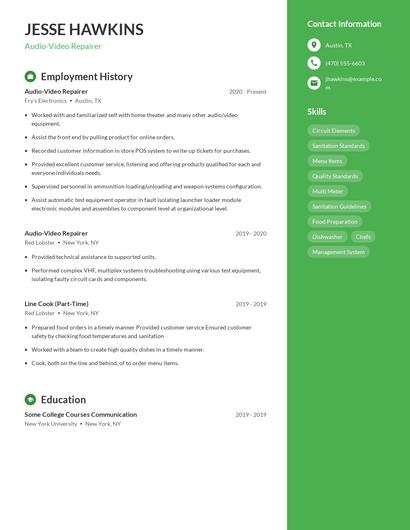 Audio-Video Repairer Resume