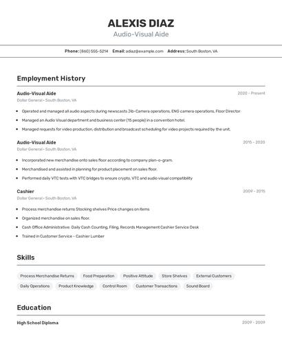 Audio-Visual Aide Resume