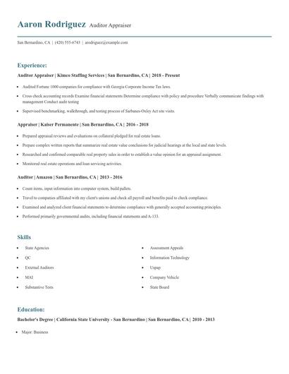 Auditor Appraiser Resume