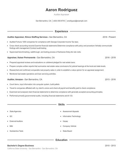 Auditor Appraiser Resume