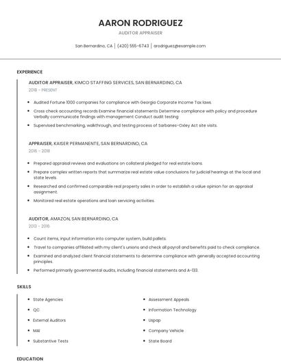 Auditor Appraiser Resume