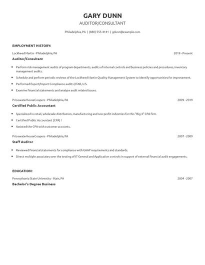Auditor/Consultant Resume