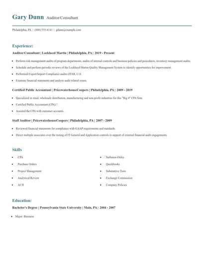Auditor/Consultant Resume