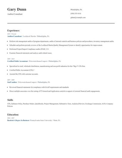 Auditor/Consultant Resume