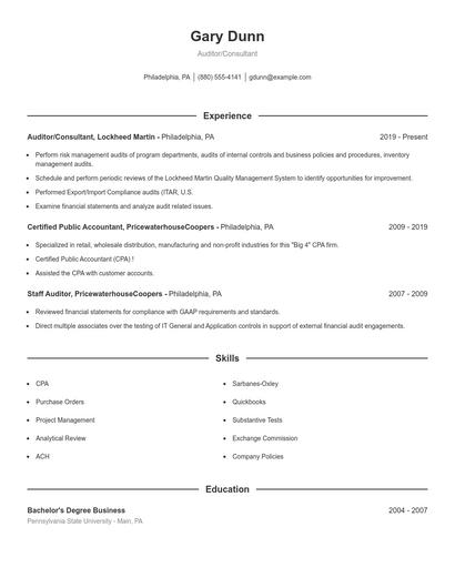 Auditor/Consultant Resume
