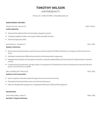 Auditor/Quality Resume