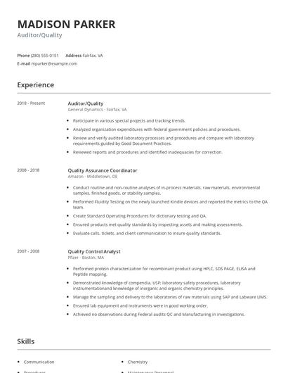 Auditor/Quality Resume