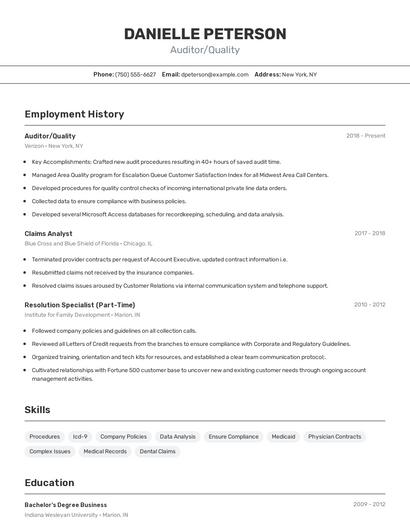 Auditor/Quality Resume