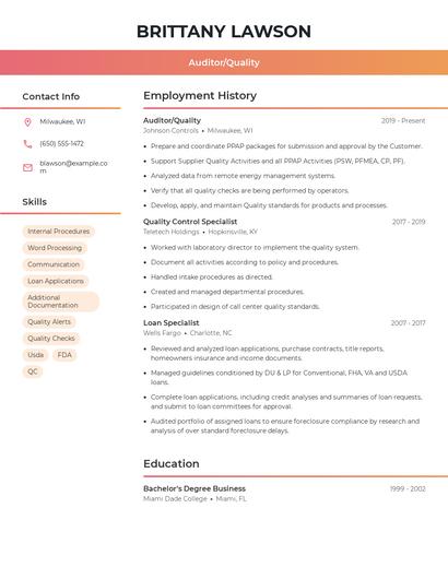 Auditor/Quality Resume
