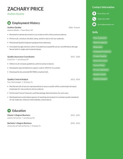 Auditor/Quality Resume