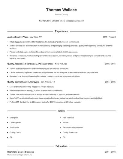 Auditor/Quality Resume